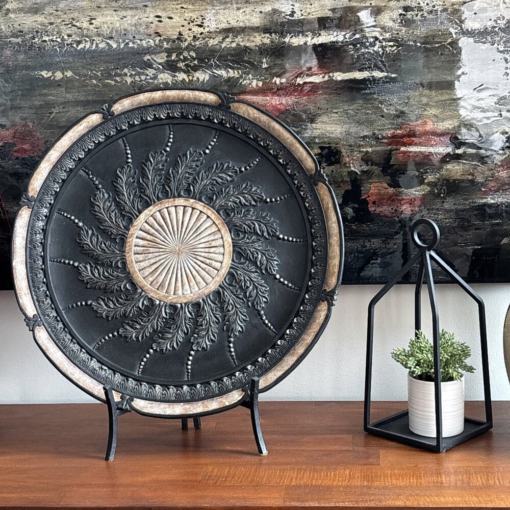 Large Tuscan Architectural Medallion Decor on Stand – Black & Gold Sculpture